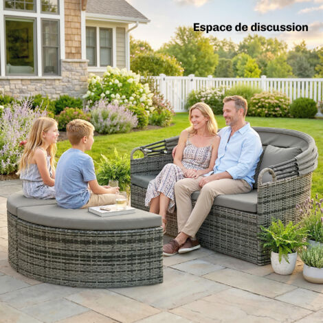 Bain de Soleil Rond – Lit de Jardin Modulable 3 PSC – Résine Tressée – Auvent Rétractable – Gris Clair (1/5)
