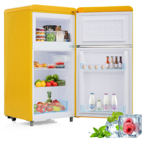 Réfrigérateur Rétro – Petit Frigo Jaune Double Porte 72 L – Mini Frigo Vintage avec Congélateur 21 L – Silencieux 39 dB – Éclairage LED – 46x45x91 cm– Classe E