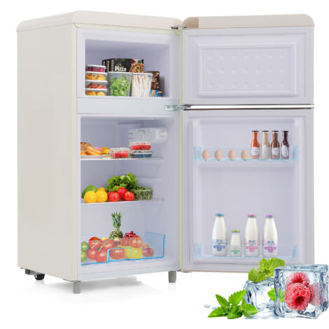 Réfrigérateur Rétro – Petit Frigo Blanc  Double Porte 72 L – Mini Frigo Vintage avec Congélateur 21 L – Silencieux 39 dB – Éclairage LED – 46x45x91 cm– Classe E