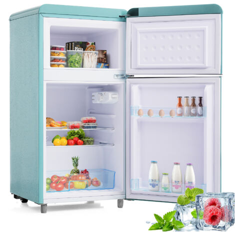Réfrigérateur Rétro – Petit Frigo Cyan Double Porte 72 L – Mini Frigo Vintage avec Congélateur 21 L – Silencieux 39 dB – Éclairage LED – 46x45x91 cm– Classe E