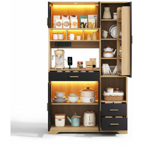 Buffet Haut Industriel - Vaisselier Haut avec LED - Armoire de Cuisine Style Grange - Prises Électriques et Tiroir - 105x40x185 cm (1/5)