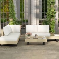Salon de Jardin d’Angle 5 Places – Design Contemporain – Coussins Déhoussables – Table Basse – Acier Époxy & Résine Tressée Beige