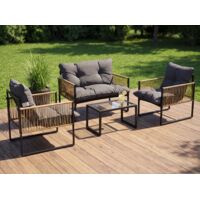 Ensemble Salon de Jardin 4 Pièces – Canapé 2 Places + 2 Fauteuils – Table Basse Verre Trempé – 3 Coussins – Gris