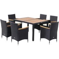 Ensemble Salon de Jardin 6 Personnes – Table Rectangulaire + 6 Fauteuils – Coussins Lavables – Acier & Résine Tressée PE – Bois d’Acacia Noir et Beige