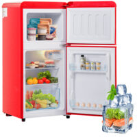 Réfrigérateur Rétro Rouge 60L - Mini Frigo Vintage - Réfrigérateur Congélateur Compact - Double Porte - Éclairage LED - 88,8x45,5x42,5 cm