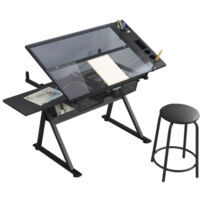 Table à Dessin Inclinable - Bureau d'Architecte - Table de Travail en Verre Trempé avec Tabouret - 98 x 60 cm - Noir