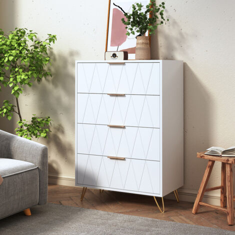 Sureh – Commode scandinave 4 tiroirs en MDF blanc – Dimensions 60 x 34 x 90 cm – Pieds métalliques – Rangement pour chambre et salon (1/5)