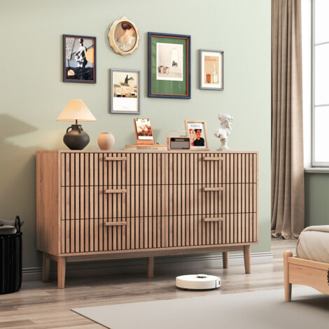 Armoire de Rangement 6 tiroirs, Commode contemporaine chambre/salon/bureau,100x 34 x 73 cm, Aspect Bois Clair