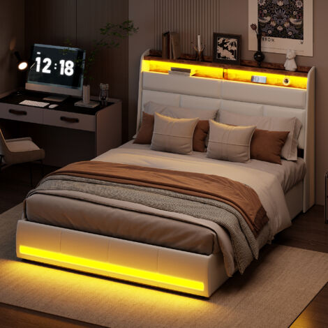 Lit coffre 140 x 200 avec sommier, lit 2 personnes avec rangement et éclairage LED, lit 140 x 200 avec sommier à lattes en bois, lit double pour adulte et adolescent, PU blanc (1/5)
