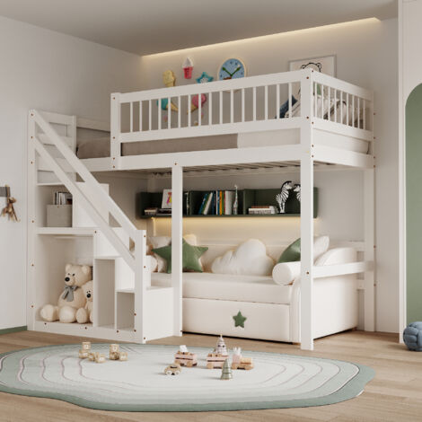Lit superposé 140 x 200,lit mezzanine 2 places,lit mezzanine enfant avec armoire intégrée,étagère de rangement,cadre de lit en pin massif,lit ado,blanc