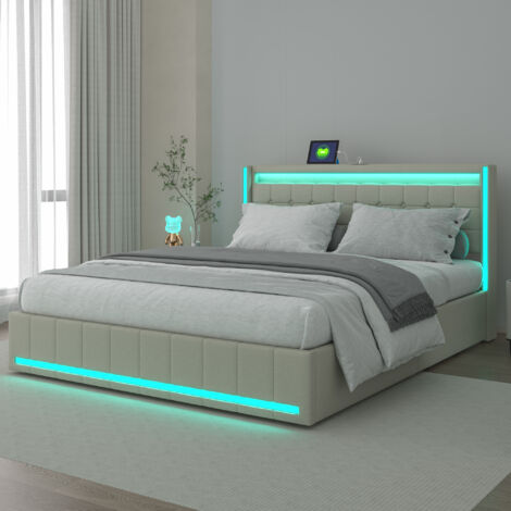 Sureh – Lit 2 personnes 140x200 avec sommier à lattes et tiroirs – Tête de lit moderne avec éclairage LED et ports USB – Lin beige