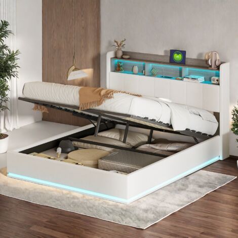 Lit coffre 140x200,lit 2 Personnes moderne avec tête de lit rangement,éclairage LED,chargement USB,cadre de lit avec sommier à lattes,lit adulte,lit capitonné,blanc
