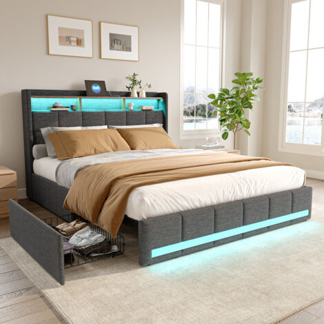 Lit 160 x 200 avec sommier,lit 2 personnes avec tiroirs et étagères de rangement ouvertes,lit double rembourré avec LED et USB,lit 160 x 200 avec sommier à lattes en bois, lin gris