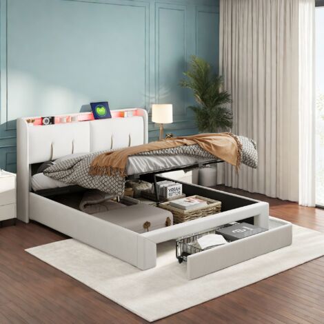 lit 2 Personnes 160 x 200 avec rangement tête de lit et tiroirs,lit coffre avec LED et ports USB,cadre de lit 160x200 avec sommier,lit capitonné,velours,beige (1/5)