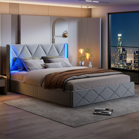 140 x 200 cm lit coffre avec base et tête de lit, Lit double tapissé avec LED et rangement, 140x200 cadre de lit avec base, lit 2 Personnes pour adulte, velours, gris clair (1/5)