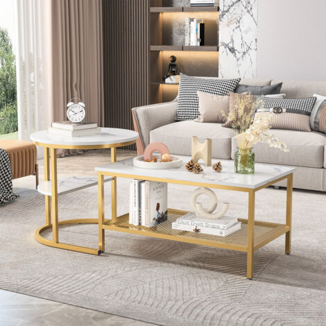Sureh – Table basse gigogne marbre blanc – 2 niveaux de rangement – Table rectangulaire 80x46 cm et ronde 52 cm – Structure en acier doré (1/5)