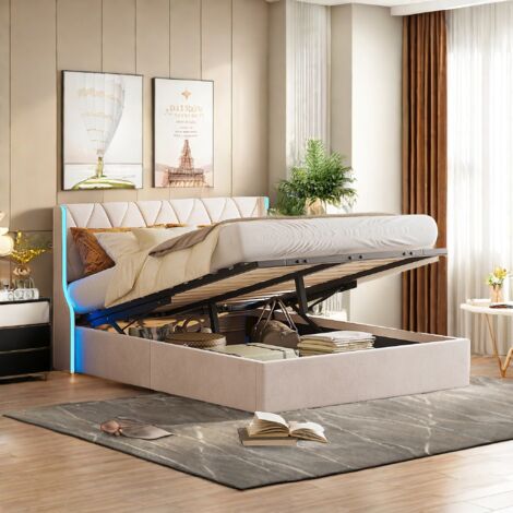 Sureh – Lit coffre 140x200 cm – Lit double avec rangement – Cadre en velours beige – Éclairage LED – Sommier à lattes inclus