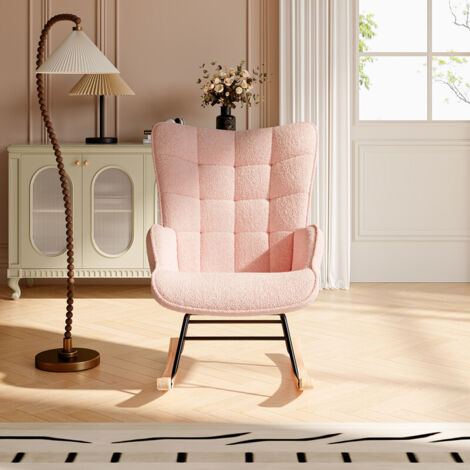 Fauteuil à bascule, rocking chair, fauteuil allaitement, chaise a bascule en polaire Teddy, pieds en bois, fauteuil moderne pour chambre à coucher, salon, balcon, rose