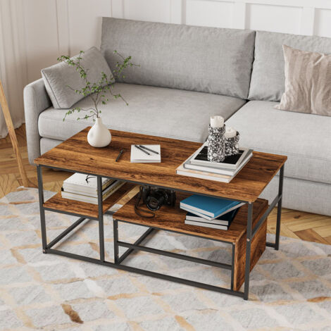 Table basse Grain de bois - Table d'appoint pour salon - 2 Niveaux Rangement - 52x105 cm - Grande table rectangle - MDF - Aspect Grain de bois et structure en acier noir (1/5)
