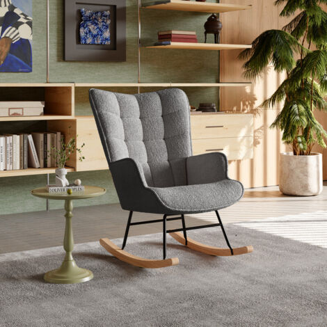 rocking chair,Fauteuil à bascule,fauteuil allaitement,chaise a bascule en polaire Teddy,pieds en bois,fauteuil moderne pour chambre à coucher,salon,balcon,gris foncé