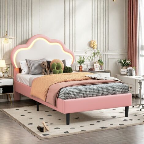 Sureh – Lit enfant 90x200 cm – Design nuage rose avec lumière LED – Tête de lit réglable – Cadre bois MDF et métal – Sommier à lattes (1/5)
