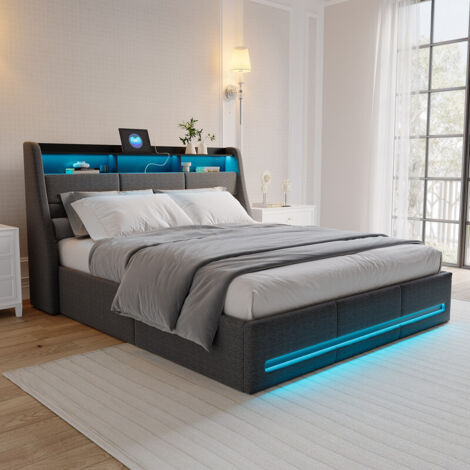 Sureh – Lit coffre 140 x 190 cm – Rangement hydraulique – Tête de lit avec étagères – Ports USB intégrés – Lin gris (1/5)