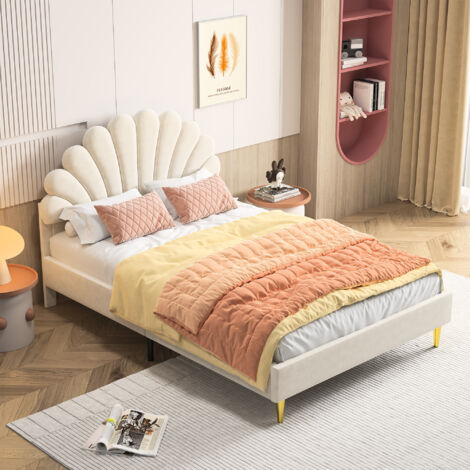 lit 2 Personnes capitonné 140 x 200 avec sommier à lattes, lit fille, lit princesse, lit 140x200, velours, lit ado, beige
