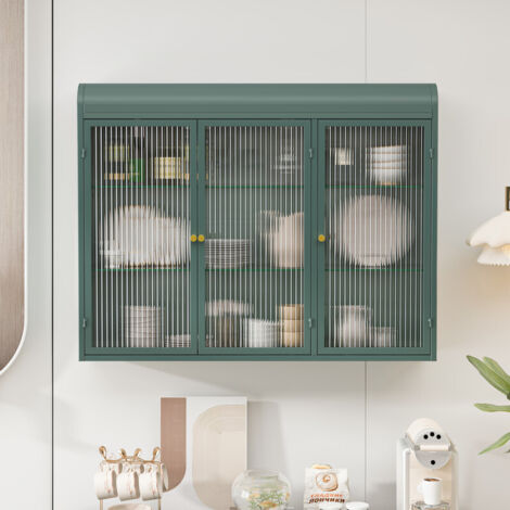 Sureh – Armoire murale en verre 3 portes – Dimensions 90x20x70cm – Capacité 28kg – Couleur vert foncé – Pour rangement cuisine, salon, salle de bain (1/5)