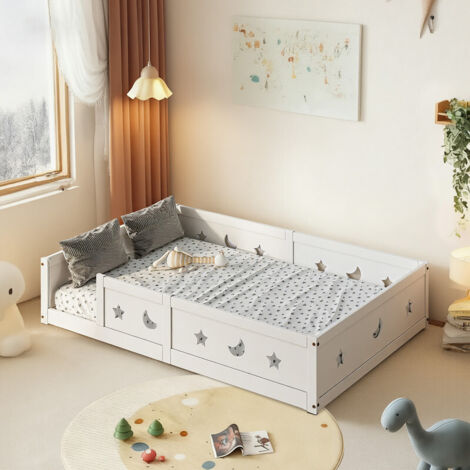 Lit d'enfant, 140x200 cm, lit à barreaux, lit de sol, anti-chute, motif étoile et lune, sommier à lattes, en pin massif, matelas non inclus, blanc