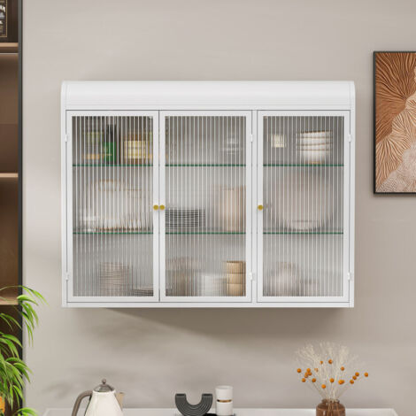 Sureh – Armoire murale en verre 3 portes – Dimensions 90 x 20 x 70 cm – Capacité jusqu'à 28 kg – Pour cuisine, salon, salle de bain – Blanc (1/5)