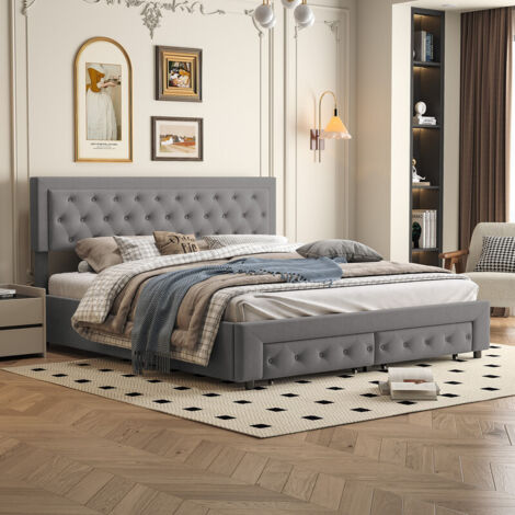 Lit coffre 180 x 200 avec tiroirs, lit 2 personnes avec sommier, lit hydraulique avec tiroirs, lit 180x200 avec sommier à lattes bois, lit pour adulte et ado en velours gris (1/5)