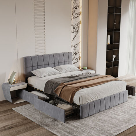 Sureh – Lit coffre 160x200cm avec 4 tiroirs – Tête de lit réglable en hauteur – Velours gris – Sommier à lattes inclus (1/5)