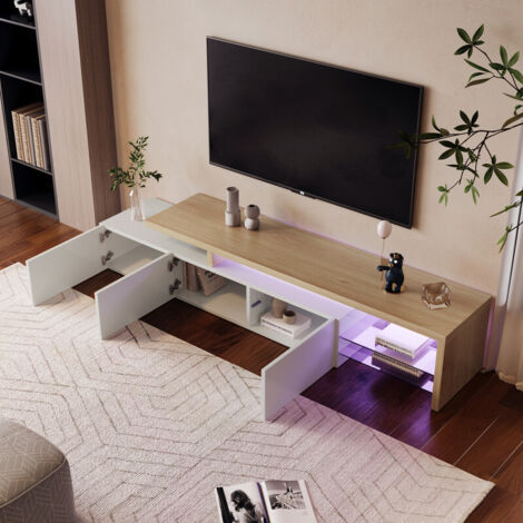 Sureh – Meuble TV moderne avec rangement LED – MDF E1 blanc et marron – 200 x 39 x 42 cm – Éclairage intégré et cloisons en verre