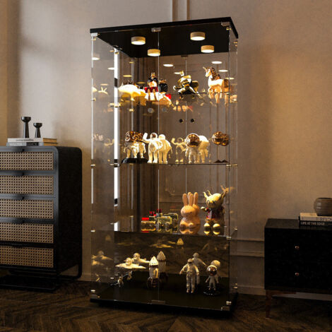 Vitrine en verre, 164x80x36cm, 4 niveaux, vitrine avec miroir, vitrine de collectionneur avec lumière LED, vitrine de rangement en verre noir pour la chambre, le bureau, le salon, noir