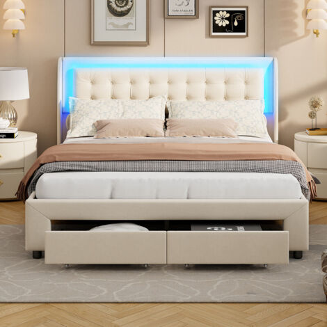 Lit tapissé en velours 180 x 200 cm avec LED réglable, grand lit de rangement, 2 tiroirs sur roulettes, lits adulte et ado, sans matelas, beige (1/5)