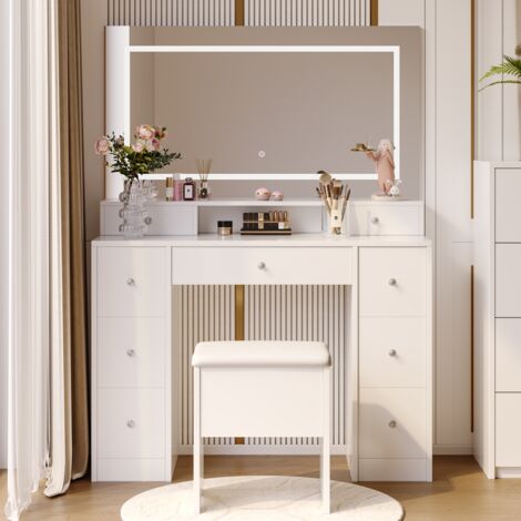 Coiffeuse avec éclairage et tabouret, buffet, table de maquillage avec miroir LED réglable, commode à 9 tiroirs et 1 étagère ouverte, petites coiffeuses blanches modernes pour chambre à coucher (1/5)