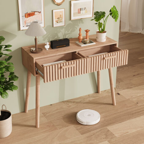 Console d'entrée en bois 100 x 35 cm avec 2 tiroirs de rangement, design moderne et style cannelé. Parfaite pour l'entrée, le salon ou le couloir