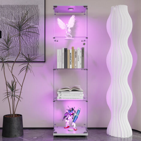 Vitrine de présentation, Armoire vitrée pour collection avec LED et serrure, Armoire de rangement avec 1 porte et 4 étagères, Meuble transparent vitrine, Armoire vitrine pour salon ou bar,Blanc