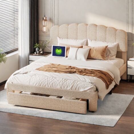 Sureh – Lit coffre 160 x 200 cm avec tiroirs – Tête de lit réglable – Chargeurs USB et Type C – Velours teddy beige – Cadre en bois et métal