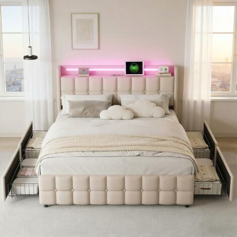 lit 160x200,Lit adulte 160x200 avec 4 tiroirs,Tête de lit avec lumières LED réglables et chargement USB,Lit double 160x200 cm, sommier à lattes, Dossier souple, lit capitonné en lin,beige (1/5)