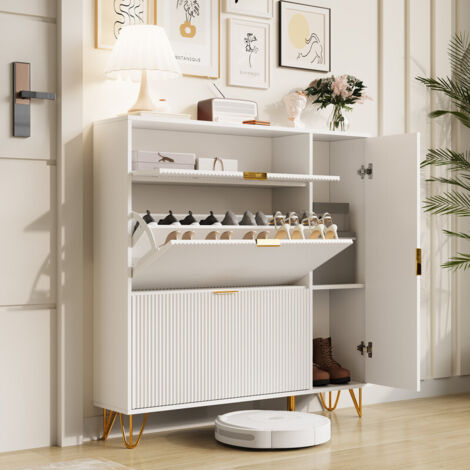 Meuble à chaussures 110 cm, avec trois portes pliantes, poignées et pieds dorés, adapté aux couloirs et entrées, Blanc