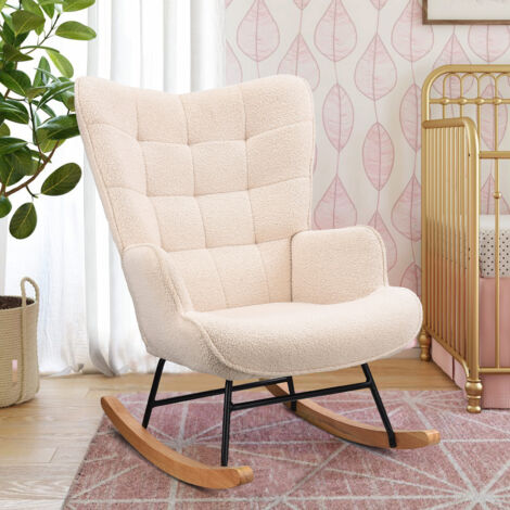 Sureh – Rocking chair scandinave en molleton teddy – Dossier en forme d'aile – Accoudoirs rembourrés – Structure hybride bois-métal – Beige – 68 x 75 x 92 cm