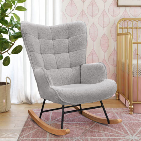 Sureh – Rocking chair scandinave en molleton Teddy – Dossier en forme d'aile – Accoudoirs rembourrés – 68 x 75 x 92 cm – Structure hybride bois-métal – Gris