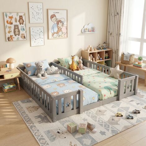 VASIEN – Lit enfant 90x200 cm– Lit au sol 180x200 cm pour 2 enfants, lit double 2-en-1– lit pour frères et sœurs– lit Montessori avec barrière– cadre avec lattes– bois massif– Gris