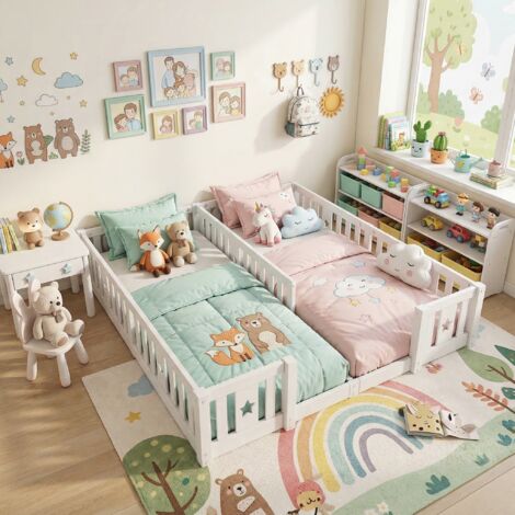 VASIEN – Lit enfant 90x200 cm– Lit au sol 180x200 cm pour 2 enfants, lit double 2-en-1– lit pour frères et sœurs– lit Montessori avec barrière– cadre avec lattes– bois massif– Blanc