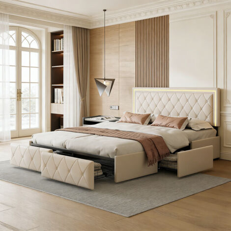 VASIEN Lit Coffre 160x200 cm avec Sommier LED, lit 160x200 cm avec 4 Tiroirs de Rangement et Tete de Lits Rembourré, Lit Adultes et Lit Adolescents, Sommier à Lattes, sans Matelas, PU, Blanc (1/5)