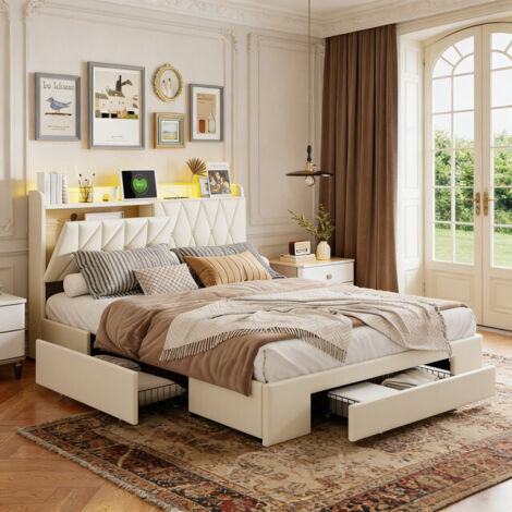 VASIEN Lit Coffre 160x200 cm avec Sommier LED et USB, lit 160x200 avec 3 Tiroirs de Rangement et Tete de Lits Rembourré, Lit Adultes et Lit Adolescents, Sommier à Lattes, sans Matelas, Velours, Beige (1/5)