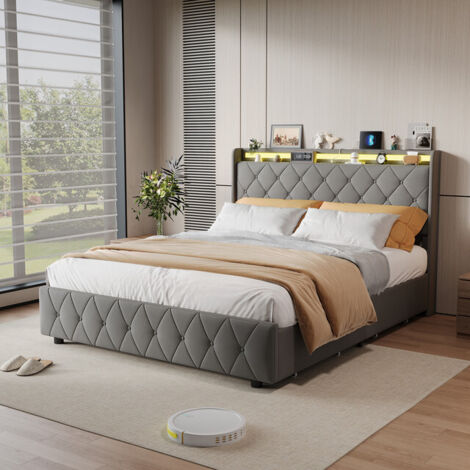 VASIEN Lit Coffre 160x200 cm avec LED et USB, lit 160x200 cm avec 4 Tiroirs et sommier à lattes, Tete de Lits Rembourré, Lit Adultes et Lit Adolescents, velours, sans matelas, Gris, Velours (1/4)