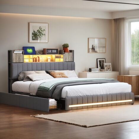 Lit coffre 140x200 cm avec tiroirs - USB et Type C et LED - lit 2 Personnes - Sommier à lattes - tissu lin gris