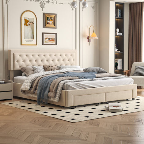 Sureh – Lit coffre 160x200 avec sommier à lattes bois – Tiroirs de rangement – Velours beige – Structure robuste pour adultes et adolescents